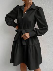 SHEIN Privé 燈籠袖荷葉邊腰帶襯衫洋裝 - 黑色 - 查看 3