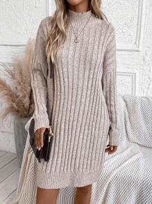 SHEIN LUNE Vestido de punto de cuello alto de hombros caídos tejido de canalé