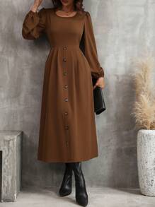 SHEIN Clasi Solid Button Front A-line Dress - Brown - View 1