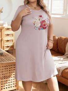 大碼圖案印花睡裙 - 粉色 - 查看 3