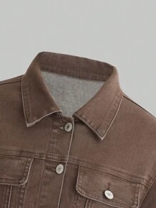 Teen Girl Flap Pocket Crop Denim Jacket - Coffee Brown - View 3