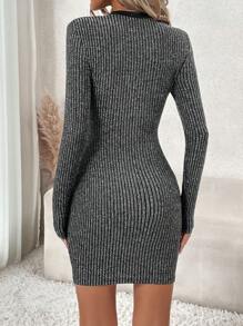SHEIN Clasi Chi tiết Nút Đồ đan Ribbed Váy bodycon - màu đen - Xem 2