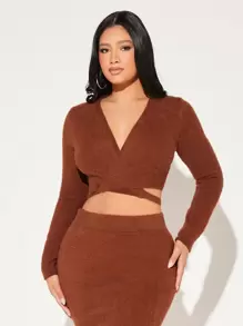 SHEIN SXY Solid Crisscross Tie Back Crop Cardigan - Brown - View 2