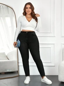 SHEIN Cottnline Plus Size  Zipper Fly Skinny Jeans - Black - View 3