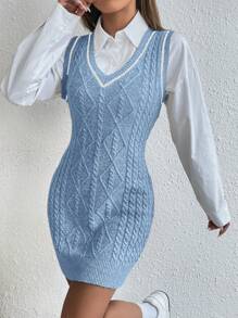 Flirla 1pc Striped Trim Cable Knit Sweater Dress