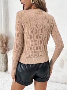 SHEIN Clasi Faux Pearls Beaded Pointelle Knit Sweater,Long Sleeve Tops In Fall/Winter - Khaki - View 2