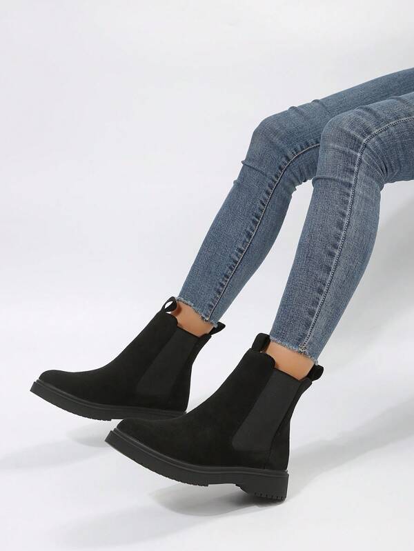 Botine de damă, la modă, ocazional, confortabile, versatile, de culoare solidă, vârf rotund, talie elastică, toc gros