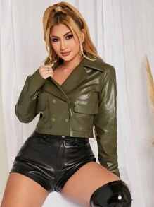 SHEIN SXY Double Breasted Crop PU Leather Jacket - Green - View 1