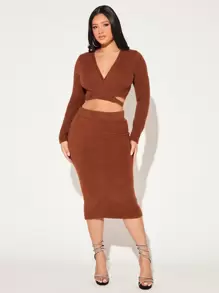 SHEIN SXY Solid Crisscross Tie Back Crop Cardigan - Brown - View 5