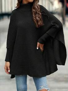 EMERY ROSE Turtleneck Batwing Sleeve Poncho Sweater - Black - View 5