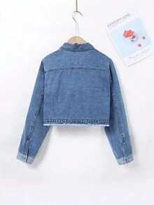 Teen Girl Two Tone Raw Hem Flap Pocket Denim Shirt Without Tee - Dark Wash - View 2