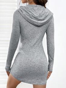 SHEIN EZwear Flap Pocket Drawstring Hooded Bodycon Dress - Grey - View 2