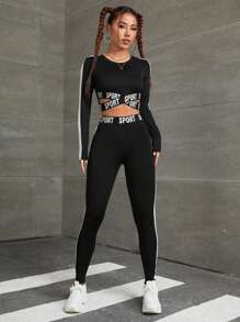 SHEIN Sport Gameset Conjunto deportivo de mujer con gráfico de letra, contraste de lado y corte cruzado
