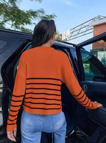 Flirla Striped Pattern Half Zip Drop Shoulder Sweater