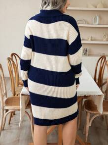 SHEIN LUNE Plus Two Tone Cable Knit Drop Shoulder Sweater Dress - Blue and White - View 2
