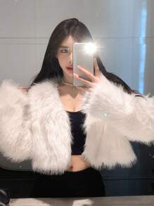 DAZY Solid Open Front Crop Fuzzy Coat Women Jacket,Fall Women Clothes Faux Fur Coat