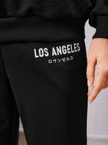 SHEIN 青少年女孩字母圖案落肩袖套頭衫和運動褲 - 黑色 - 查看 5