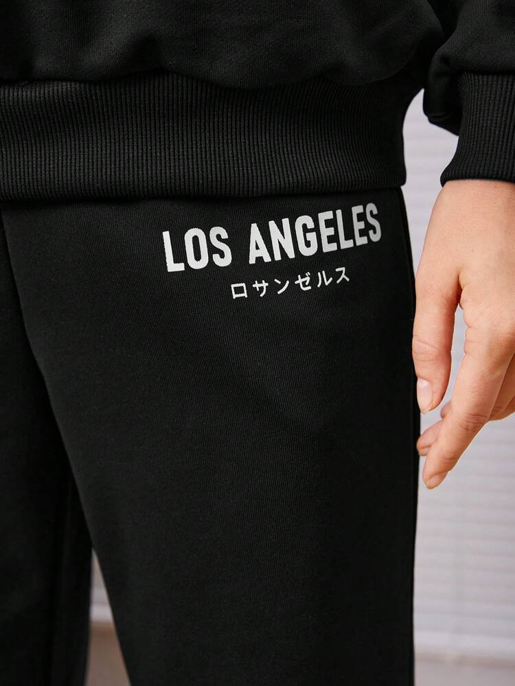 Teen Girl Letter Graphic Drop Shoulder Pullover & Sweatpants