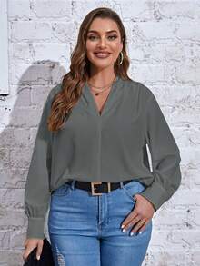 SHEIN Essnce 大碼素色燈籠袖襯衫 - 灰色 - 查看 5