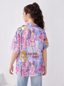 SHEIN Thiếu niên cô gái Đồ họa chữ & hình trong tiếng Nhật Thả vai Áo sơ mi - Màu tím  Violet - Xem 2