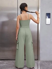 SHEIN Leap Crew 青少年女孩字母貼布背心上衣和側翻蓋口袋腰部抽繩長褲 - 薄荷綠 - 查看 2