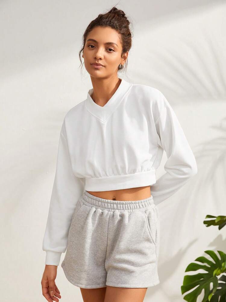 Letter Patched Drop Shoulder Crop Sports Sweatshirt