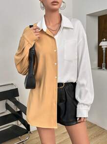 SHEIN Essnce Two Tone Drop Shoulder Pocket Patched Shirt - Multicolor - View 1