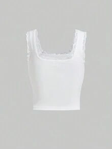 sosiwon Letter Graphic Lace Trim Wide Strap Top - White - View 4