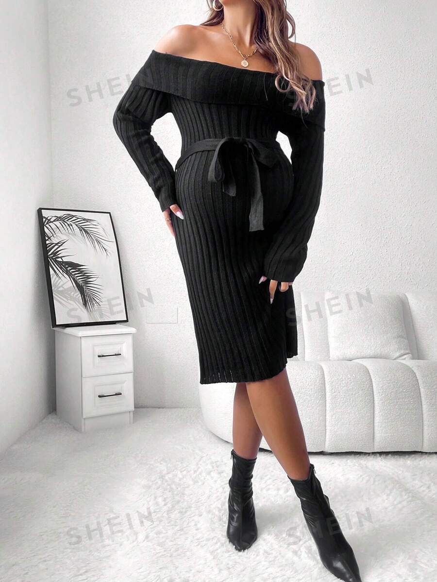 SHEIN Maternidad Vestido de punto de hombros descubiertos doblado con cinturón