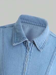 Teen Girl Drop Shoulder Elastic Hem Denim Jacket - Medium Wash - View 5