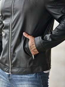 Manfinity 男士拉鏈開襟PU皮革夾克 - 黑色 - 查看 5