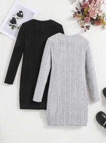 2 Stücke/Set Mädchen einfarbiges Strick Rundhals Figurbetontes Lässig Schwarz & Grau Kleid