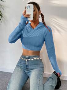 Flirla 素色條紋針織短款連帽套頭毛衣