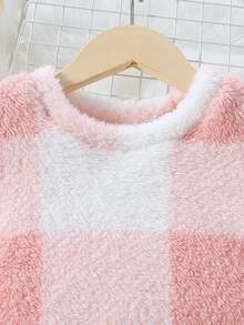 女大童格紋印花法蘭絨上衣和褲子睡衣套裝 - 粉色 - 查看 3