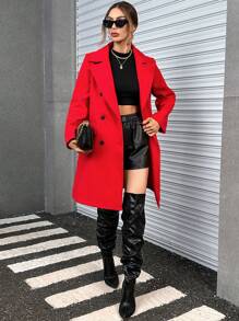 SHEIN Essnce 西裝領雙排釦花呢外套 - 紅色 - 查看 1
