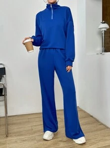 SHEIN Essnce Một nửa khóa kéo Thả vai Áo len & quần - Xanh đậm - Xem 4