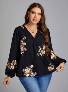 SHEIN LUNE Cộng với áo sơ mi tay đèn lồng in hoa - màu đen - Xem 6