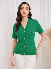 Modelyn Flap Pocket Button Front Cardigan - Green - View 4