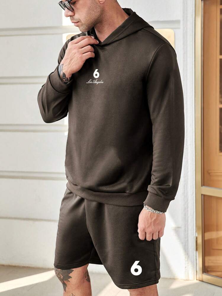 Men Plus Letter Graphic Drop Shoulder Hoodie & Shorts