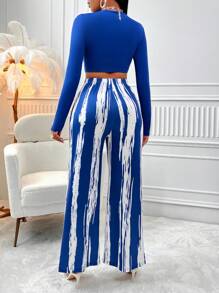 Zolique 素色短款T恤和筆刷圖案闊腿褲 - 藍色 - 查看 2