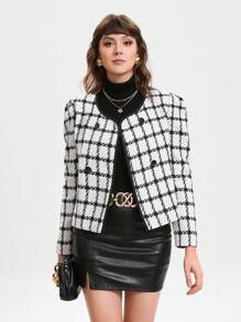 GENKIRA Plaid Pattern Double Breasted Tweed Overcoat Fall Cloth For Women - Black and White - View 1