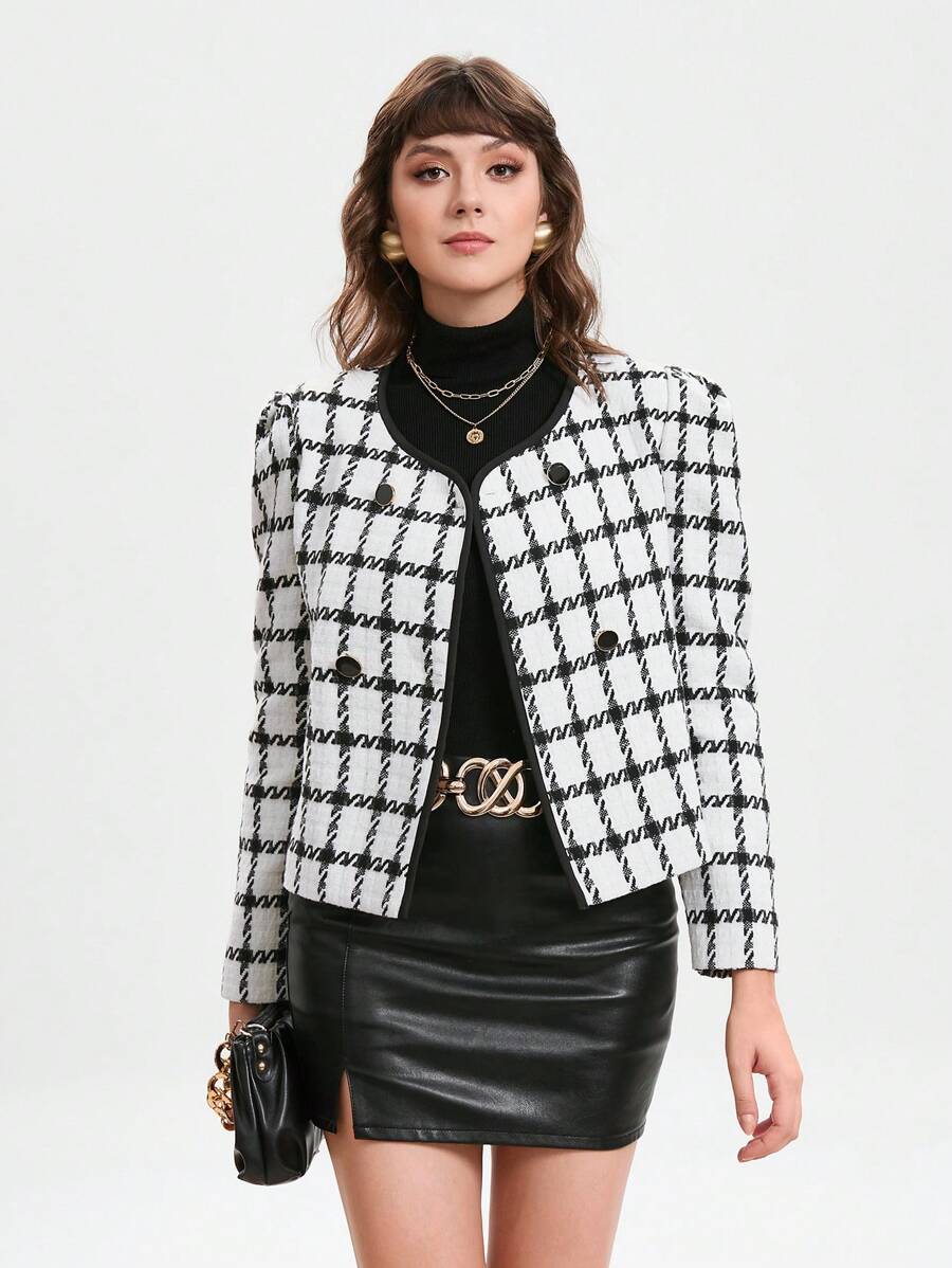 GENKIRA Plaid Pattern Double Breasted Tweed Overcoat Fall Cloth For Women - Black and White - View 1