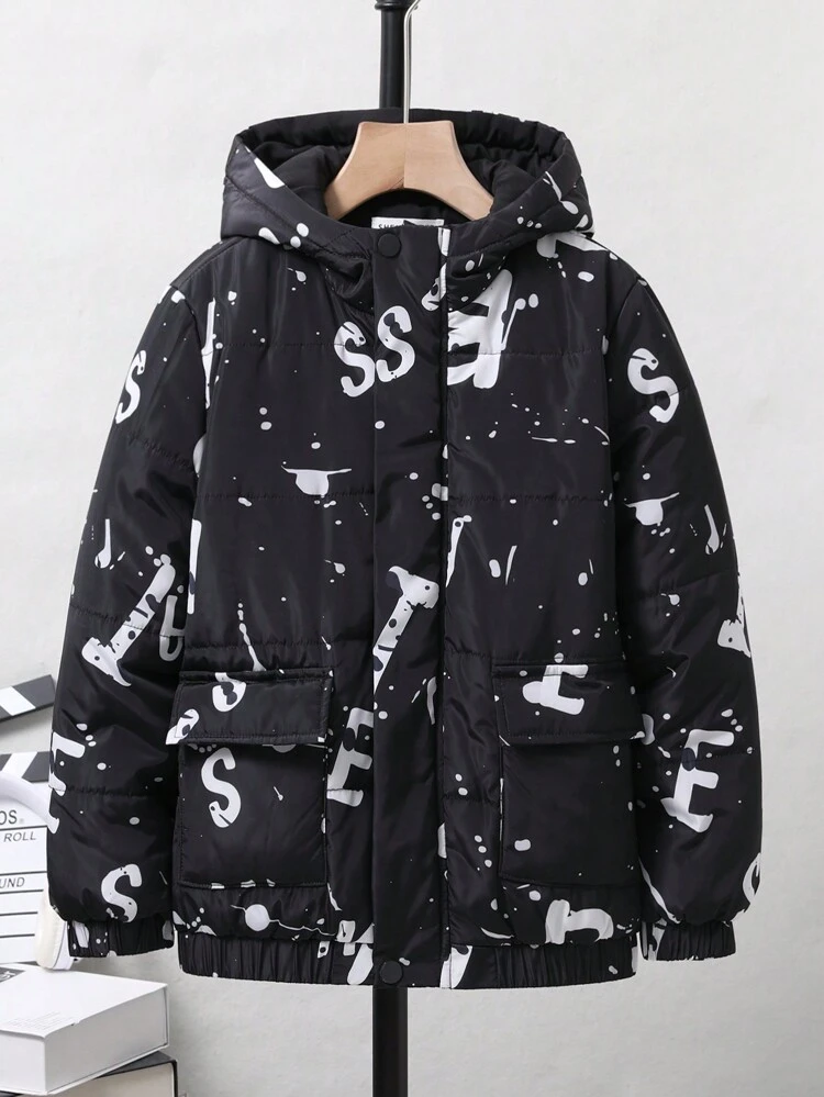 Tween Boy Letter Graphic Flap Pocket Hooded Jacket