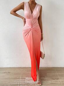 SHEIN VCAY Ombre Twist Front Split Thigh Plunging Neck Twist Front Dress - Orange - View 1