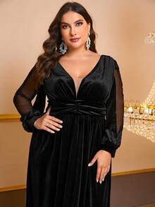 YISIKADO Talla grande Vestido de fiesta de cuello profundo de cintura con fruncido de terciopelo - Negro - Ver 6