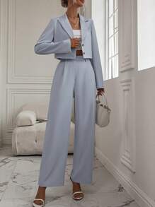 Pariaura Solid Lapel Neck Crop Blazer & Wide Leg Pants