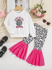 Young Girl Letter & Leopard Print Pullover & Flare Leg Pants - Multicolor - View 1