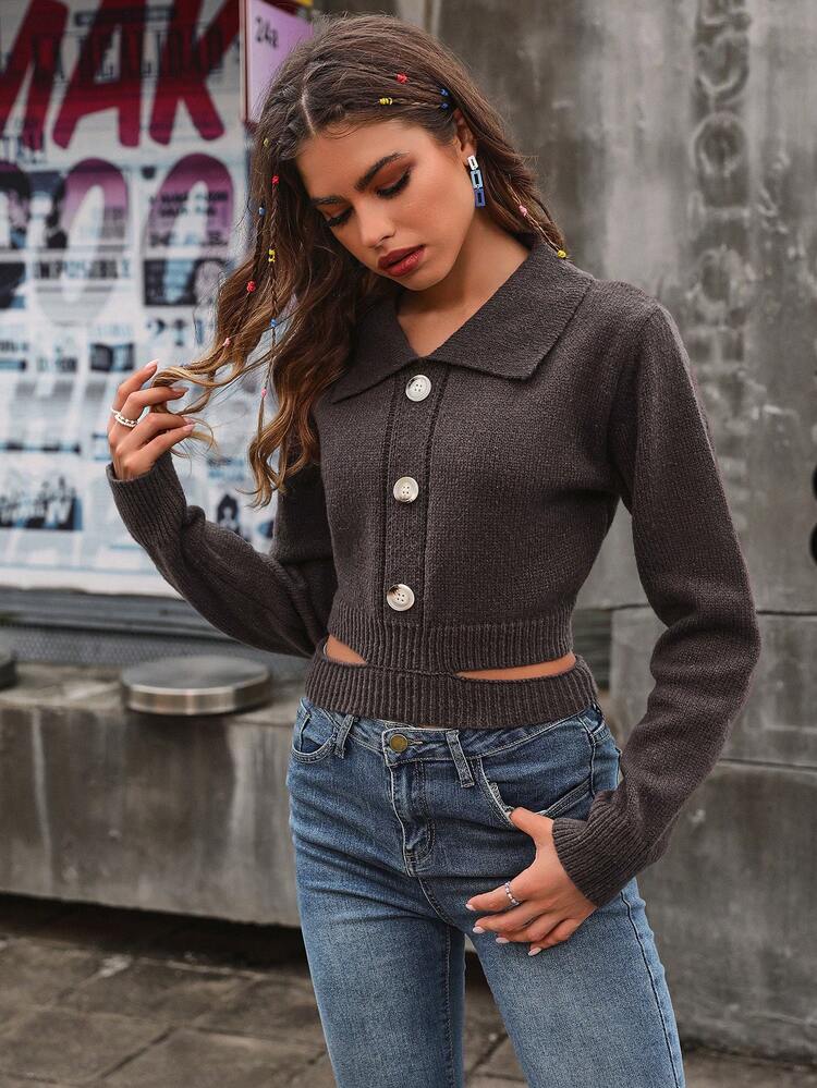 Button Front Cut Out Waist Crop Knit Pullover Fall Winter Sweater