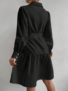 SHEIN Privé 燈籠袖荷葉邊腰帶襯衫洋裝 - 黑色 - 查看 2