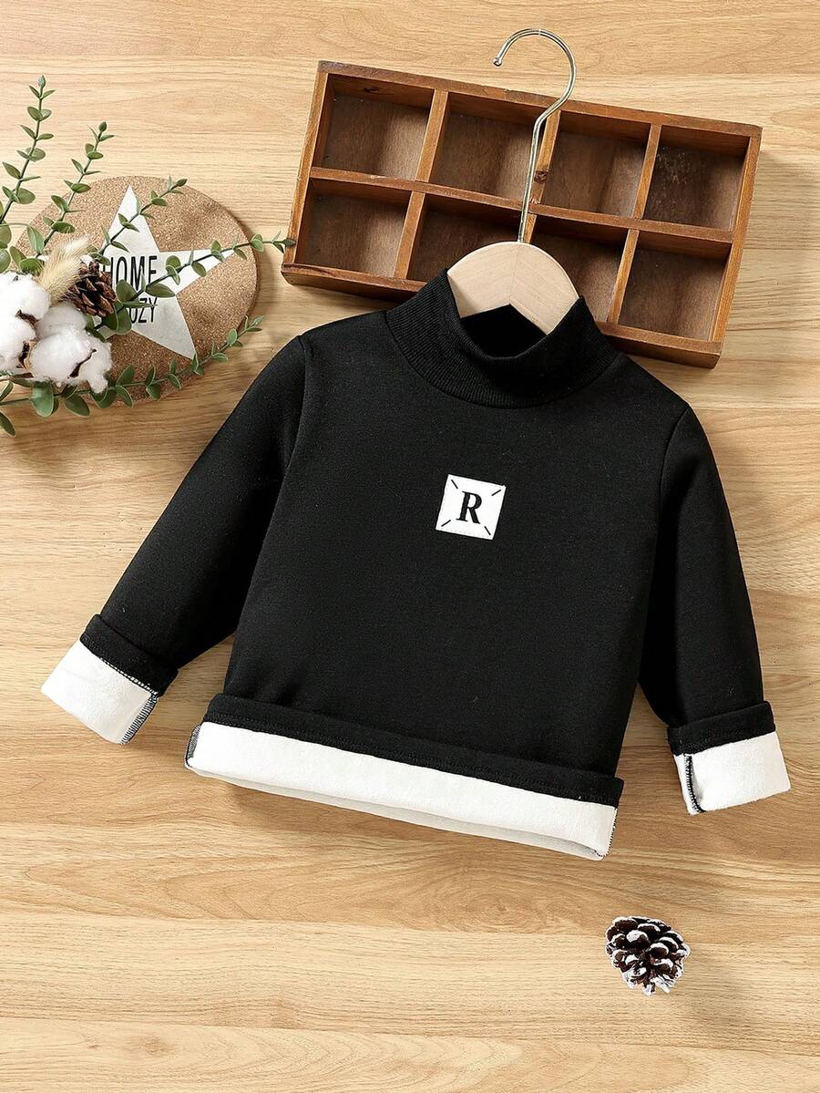 Young Boy Letter Patched Mock Neck Thermal Tee - Black - View 1
